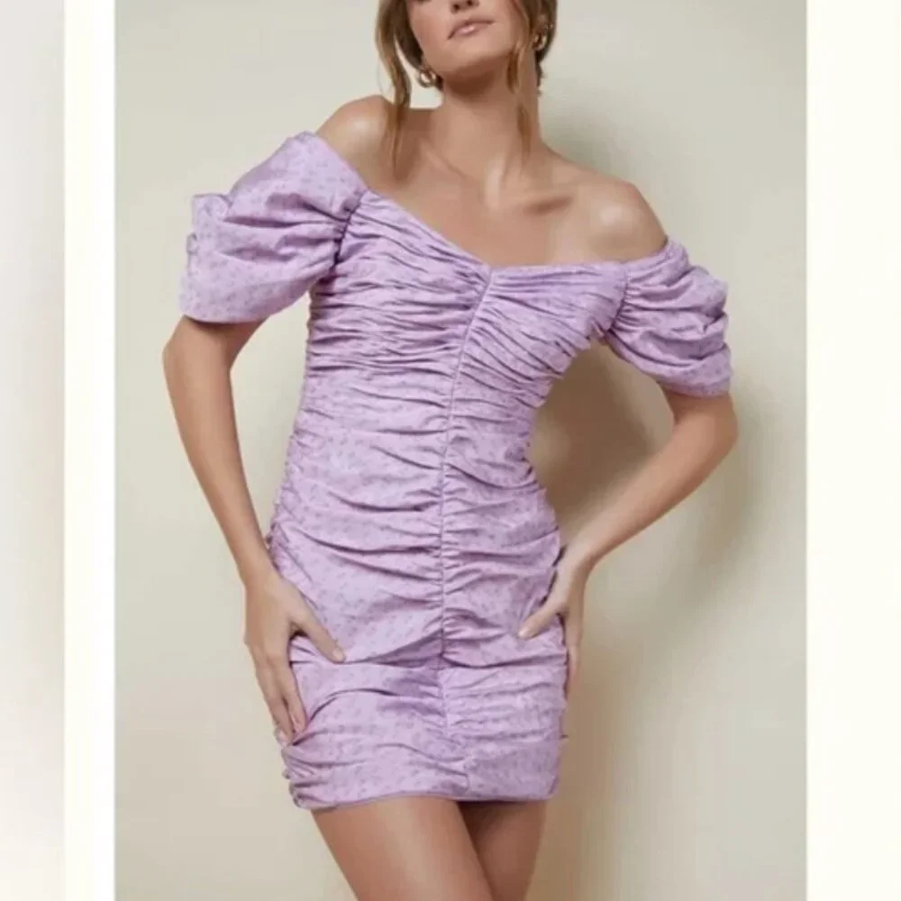 HUTCH x Anthropologie Wren Mini Dress Lilac Ruched Off the Shoulder Dress - Picture 4 of 12